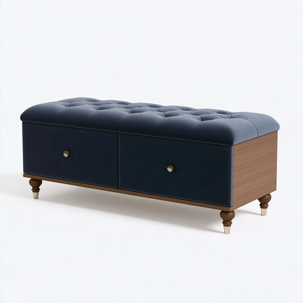 Aufbewahrungsbank 120 x 45 x 50 cm Kunstleder Dunkelblau mit 2 Schubladen Chesterfield-Stil
