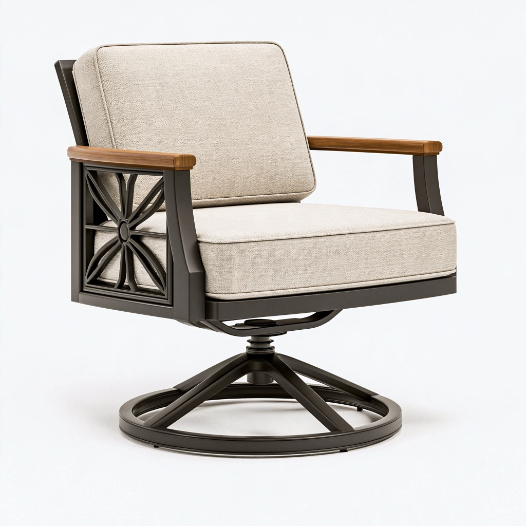 Drehsessel 76 x 82 x 91 cm mit Metallgestell Holzarmlehnen und Stoffpolsterung Beige Schwarz für Garten im klassischen Stil