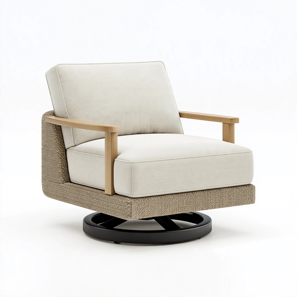 Drehsessel 85 x 82 x 82 cm aus Holz Geflecht und Stoff in Natur Beige mit Drehfunktion